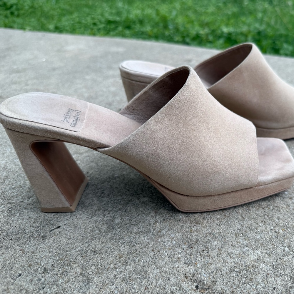 Jeffrey Campbell Tan Mules with Geometric Heel - Picture 3 of 15